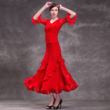 新款摩登舞练习服 表演比赛服舞衣 红色舞裙 国标舞服 交谊舞套装
