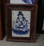 景德镇陶瓷瓷板画名家手绘青花人物观音图小屏风插屏实木框客厅AS
