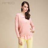 RMEO/浪漫一身2016春款女装 韩版甜美纯色拼接假两件针织套头衫