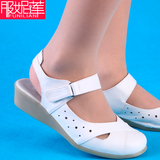 包邮护士鞋真皮坡跟牛筋底白色夏季镂空透气防滑软底单鞋浅口台湾