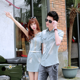 韩版夏季女装情侣装夏装女裙子日系青年短袖衬衣男牛仔连衣裙上衣