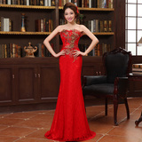 中式改良秋冬季复古新娘装长款结婚旗袍裙红色抹胸小拖尾敬酒礼服
