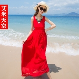 2015夏新 甜美纯色吊带V领雪纺长 波西米亚海边度假沙滩裙连衣裙