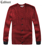 卡宾男装2014新款红色修身长袖V领开衫针织衫羊毛衫毛衣外套