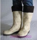 冬季保暖加绒款正品韩国版外贸女时尚高筒毛线口米黄雨鞋雨靴套鞋