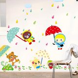 三代可移除 卡通创意儿童房卧室床头可爱熊墙贴 童话雨伞雨中乐趣