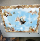 墙纸吊顶天花板壁画墙纸 油画西方欧式蓝天白云 天使之顶