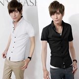 夏季薄款韩版潮流英伦男士帅气修身纯黑色短袖衬衫衬衣男装青少年