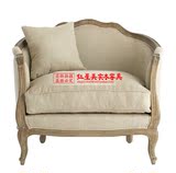 美式法式乡村实木软包沙发 单人位实木扶手椅 美式实木做旧沙发