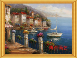 带框欧式风景油画照片放大装饰画油画布数码喷绘挂画 地中海风景