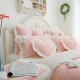 可爱韩版公主风粉色心形方枕靠枕靠垫抱枕床头短绒四件套配套小件