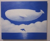 纯手绘油画鲸鱼环保颜料卧室儿童房幼儿园卡通动物童趣原木内框