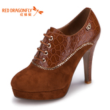 红蜻蜓女鞋 秋季新款正品真皮皮鞋 女英伦休闲鞋高跟细跟系带单鞋