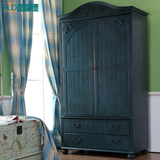 富兰德美式双门木质简易衣柜地中海衣橱收纳组合衣柜蓝色