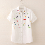 森女日系 夏季新款童趣动物树叶刺绣短袖白衬衫翻领短袖衬衣 女装
