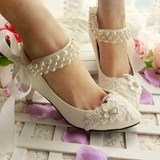 白色手工婚鞋新娘中跟水晶蕾丝鞋礼服鞋 蕾丝绑带结婚婚纱鞋 伴娘