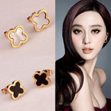 正品韩国韩版18K玫瑰金钛钢幸运四叶花耳钉女黑色耳环耳饰品时尚