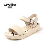 Westlink/西遇2016夏季新款 简约头层牛皮中跟厚底露趾纯色女凉鞋
