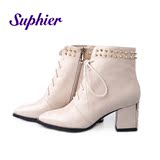 购买款苏菲尔品牌秋冬新铆钉尖头短靴系带靴子粗跟中跟真皮女鞋潮
