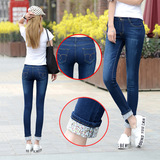 新款女式韩版小脚牛仔女裤牛仔裤 深蓝色常规女 九分裤 个性