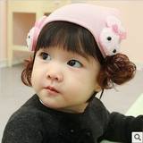 韩版女婴儿童帽拍照针织帽 两只小兔子宝宝帽 假发保暖帽周岁发饰