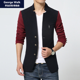 George Walk男士风衣英伦男装新款修身拼色短款韩版夹克毛呢外套