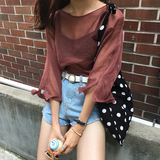 韩国新款夏装百搭宽松镂空网纱透视罩衫开叉防晒衣蝙蝠袖套头T恤