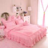 新品全棉韩式床裙四件套粉色公主花边蕾丝床罩纯棉床套式床上用品