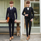 2016夏款韩版时尚修身长袖西服套装休闲纯色男西服套装三件套