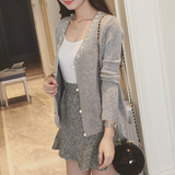2015秋装新款韩版经典水钻珍珠修身显瘦针织衫长袖女开衫V领外套