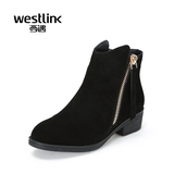 Westlink西遇女鞋冬季新款反绒皮短靴圆头侧拉链中跟女靴子 ZG
