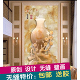 中式壁画玉雕浮雕家和富贵梅花瓶大理石玄关门厅背景墙纸壁画