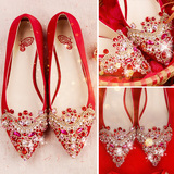 水钻中式婚鞋女红色防水台新娘鞋高跟鞋民族风秀禾单鞋细跟伴娘鞋