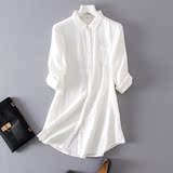 2016春装新款百搭圆摆直筒七分袖纯色打底衫中长款白色纯棉女衬衫