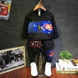 2016韩版原创男童套装秋装纯棉黑色个性运动服卫衣垮裤两件套欧美
