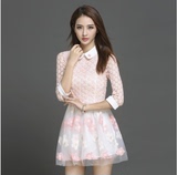 2016春装新款女装韩版甜美修身打底裙蕾丝拼接撞色粉色长袖连衣裙