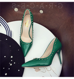 欧美街拍时尚春季铆钉漆皮墨绿色单跟细跟尖头高跟鞋女鞋浅口单鞋