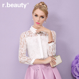 r．beauty春新款女装蕾丝花朵镂空上衣白色打底长袖衬衫r15C8090