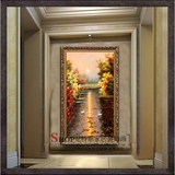 纯手绘欧式竖版玄关油画客厅走廊过道装饰画 单幅风景壁画天鹅湖