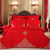 欧式全棉婚庆四件套大红色结婚床上用品简约新婚刺绣纯棉1.8m床品