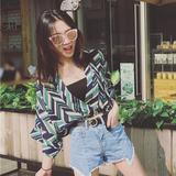 夏季女装韩版条纹宽松显瘦V领短袖雪纺衫防晒衣学生薄款上衣外套
