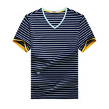 品牌短袖T恤男2016夏新款 欧洲站时尚简约V领桃心领套头条纹汗衫