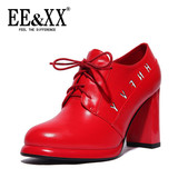 EEXX专柜新款粗跟深口单鞋女系带英伦风厚底防水台红色高跟鞋0279