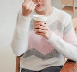 11韩国代购正品Cherrykoko金属丝菱形条纹毛针织衫冬装粉色