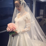 婚纱礼服2016新款夏季长拖尾新娘婚礼韩版公主简约V领一字肩婚纱