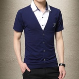 夏薄款短袖T恤男 韩版修身休闲t恤男装 衬衫领假两件打底衫加大码