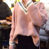 2015冬装新品韩国正品甜美学院风宽松大V领套头毛衣针织衫女加厚