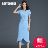 罗衣原创新款优雅蓝色不规则V型裙摆短袖修身连衣裙中长裙8366