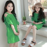韩版女童装2016夏季新款中大童绿色吊带露肩连衣裙棉纱超柔亲子装