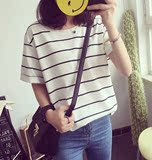 夏季新款韩版女装BF风黑白条纹简约休闲时尚学生体恤大码短袖T恤